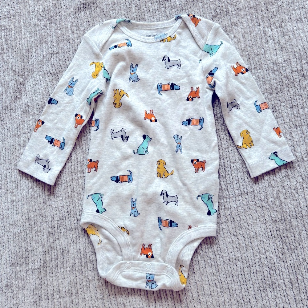 Carter’s 6M Long‎ Sleeve Dog Print Bodysuit 100% Cotton Puppy Whimsical Cute